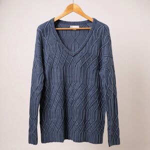 Natural Reflections Navy Blue 100% Cotton Textured Cable Knit V-Neck Sweater XL